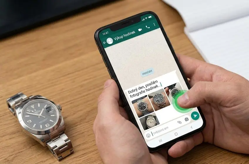 Odeslání fotografií hodinek přes WhatsApp z mobilního telefonu